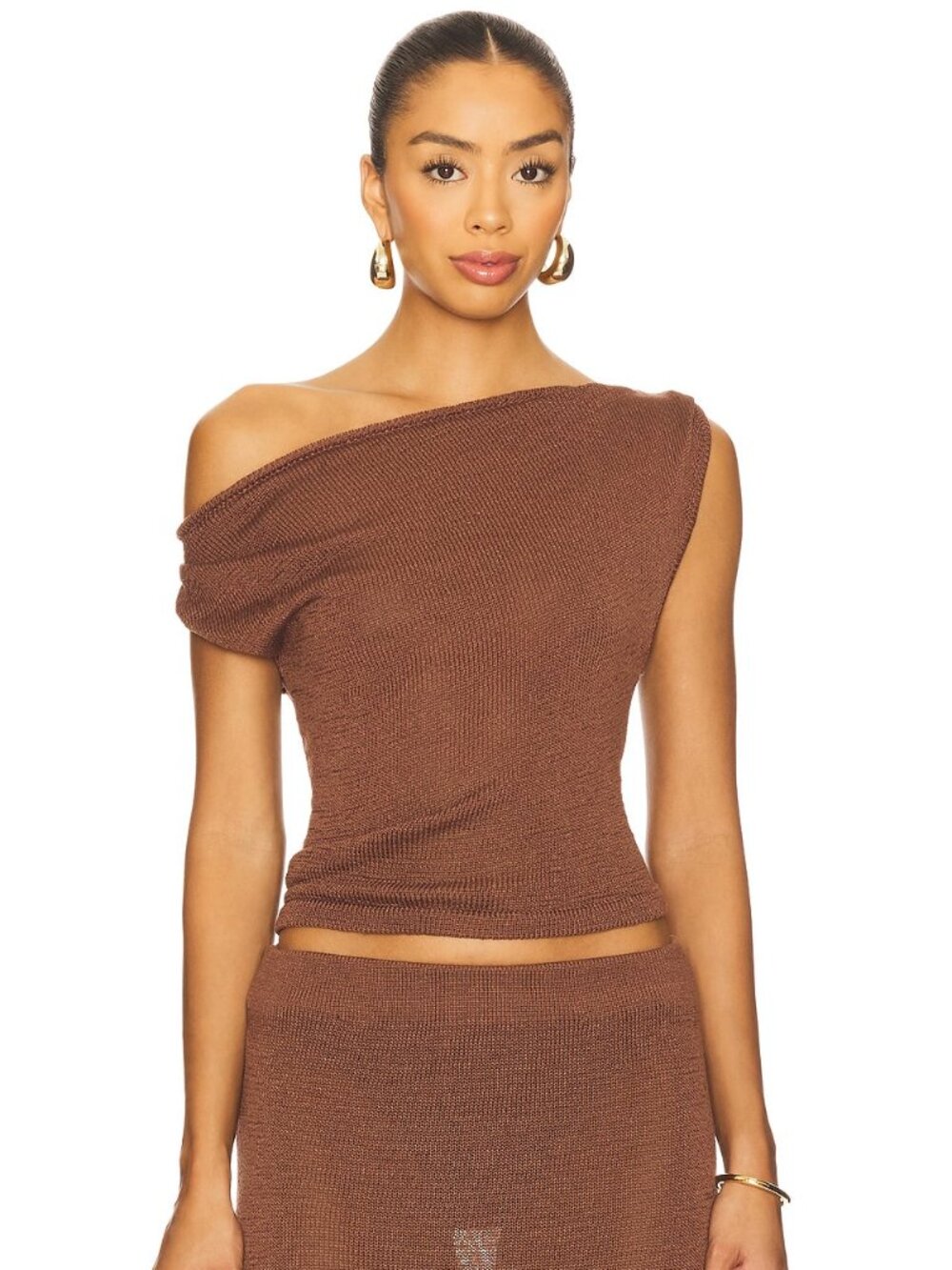 SNDYS Cali Top in Chocolate brown off shoulder knit